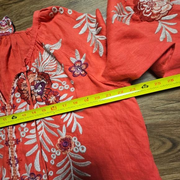 Johnny Was Maya Embroidered Linen Tie Neck Peasant Blouse Top XL Coastal Resort - Picture 6 of 6